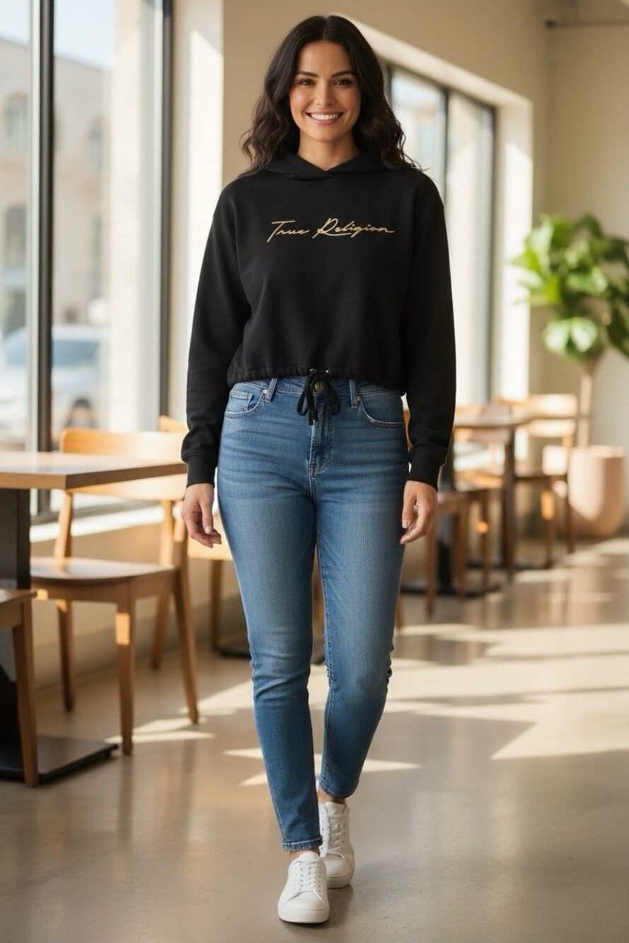 True Religion Jet Black Cropped Women’s Sweatshirt Size L Hoodie Outdoor Sports